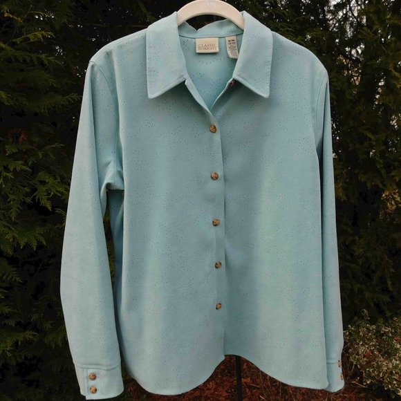 Classic Elements Tops - Classic Elements Pretty Perforated Faux Suede Lightweight Buttondown Top